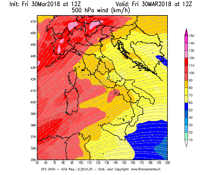 Mappa di analisi GFS - Velocità del vento a 500 hPa [km/h] in Italia
									del 30/03/2018 12 <!--googleoff: index-->UTC<!--googleon: index-->