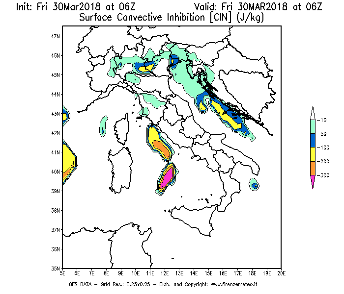 Mappa di analisi GFS - CIN [J/kg] in Italia
									del 30/03/2018 06 <!--googleoff: index-->UTC<!--googleon: index-->