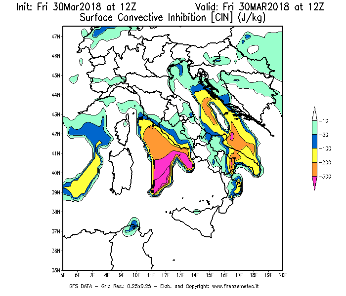 Mappa di analisi GFS - CIN [J/kg] in Italia
									del 30/03/2018 12 <!--googleoff: index-->UTC<!--googleon: index-->