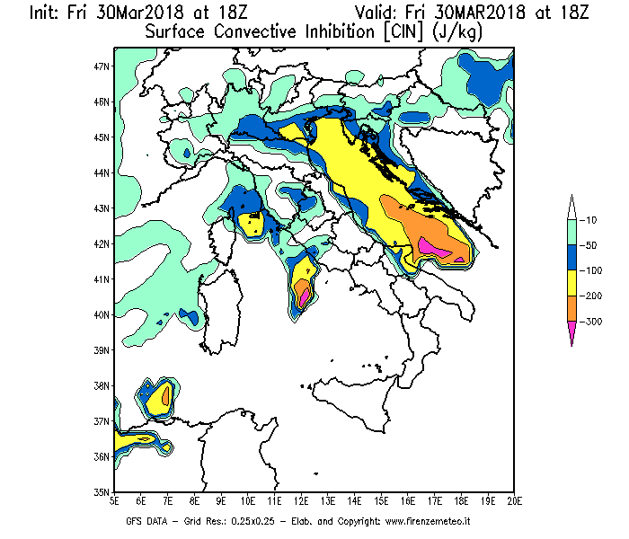 Mappa di analisi GFS - CIN [J/kg] in Italia
									del 30/03/2018 18 <!--googleoff: index-->UTC<!--googleon: index-->