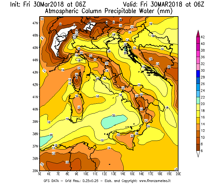 Mappa di analisi GFS - Precipitable Water [mm] in Italia
									del 30/03/2018 06 <!--googleoff: index-->UTC<!--googleon: index-->