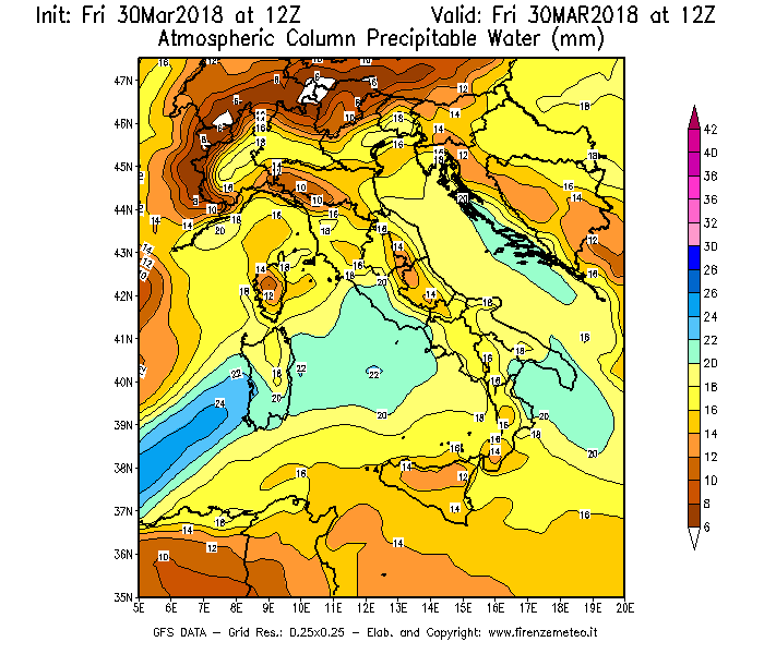 Mappa di analisi GFS - Precipitable Water [mm] in Italia
									del 30/03/2018 12 <!--googleoff: index-->UTC<!--googleon: index-->