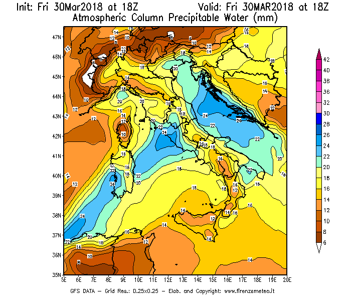 Mappa di analisi GFS - Precipitable Water [mm] in Italia
									del 30/03/2018 18 <!--googleoff: index-->UTC<!--googleon: index-->