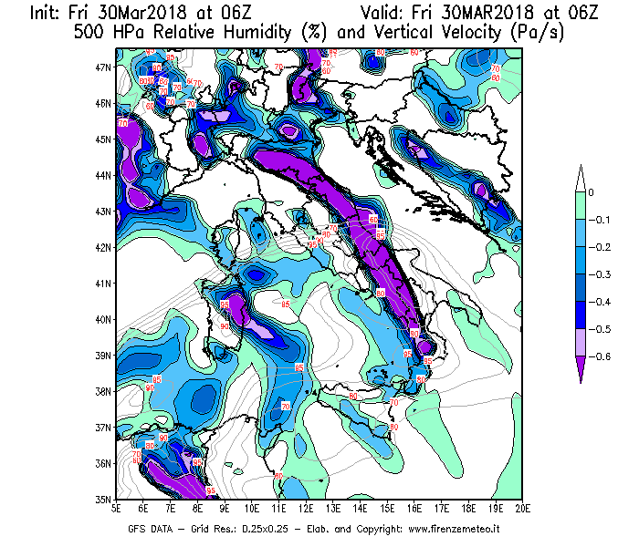 Mappa di analisi GFS - Umidità relativa [%] e Omega [Pa/s] a 500 hPa in Italia
									del 30/03/2018 06 <!--googleoff: index-->UTC<!--googleon: index-->