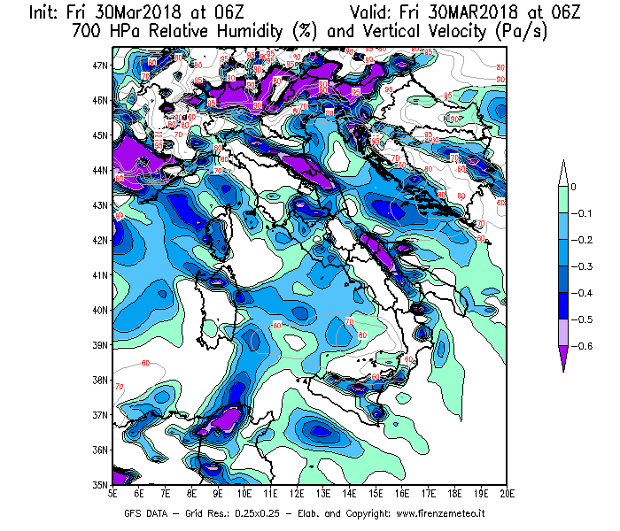 Mappa di analisi GFS - Umidità relativa [%] e Omega [Pa/s] a 700 hPa in Italia
									del 30/03/2018 06 <!--googleoff: index-->UTC<!--googleon: index-->