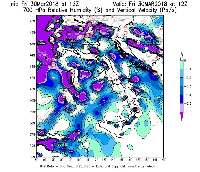 Mappa di analisi GFS - Umidità relativa [%] e Omega [Pa/s] a 700 hPa in Italia
									del 30/03/2018 12 <!--googleoff: index-->UTC<!--googleon: index-->