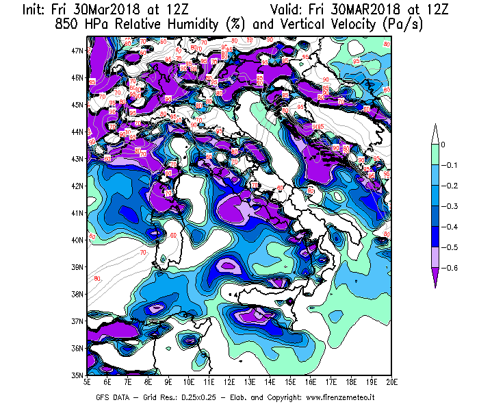 Mappa di analisi GFS - Umidità relativa [%] e Omega [Pa/s] a 850 hPa in Italia
									del 30/03/2018 12 <!--googleoff: index-->UTC<!--googleon: index-->