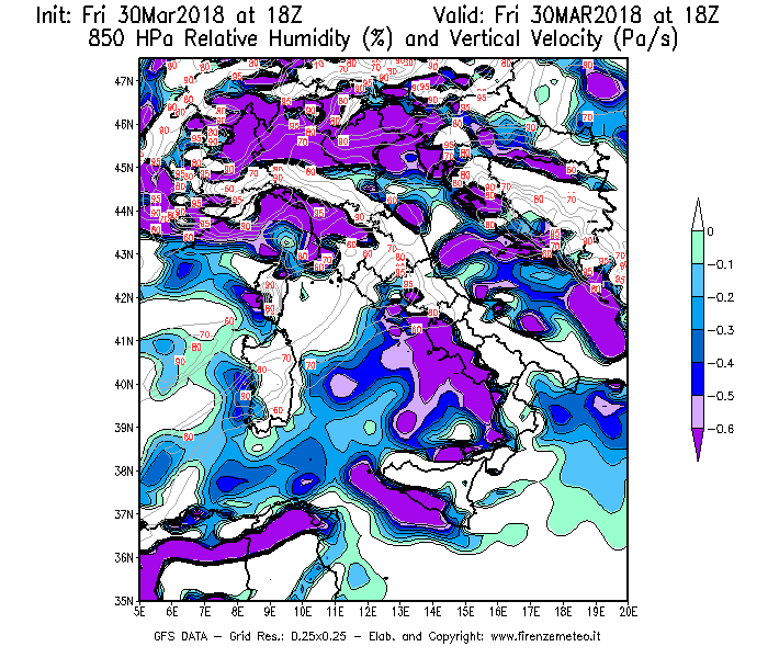 Mappa di analisi GFS - Umidità relativa [%] e Omega [Pa/s] a 850 hPa in Italia
									del 30/03/2018 18 <!--googleoff: index-->UTC<!--googleon: index-->