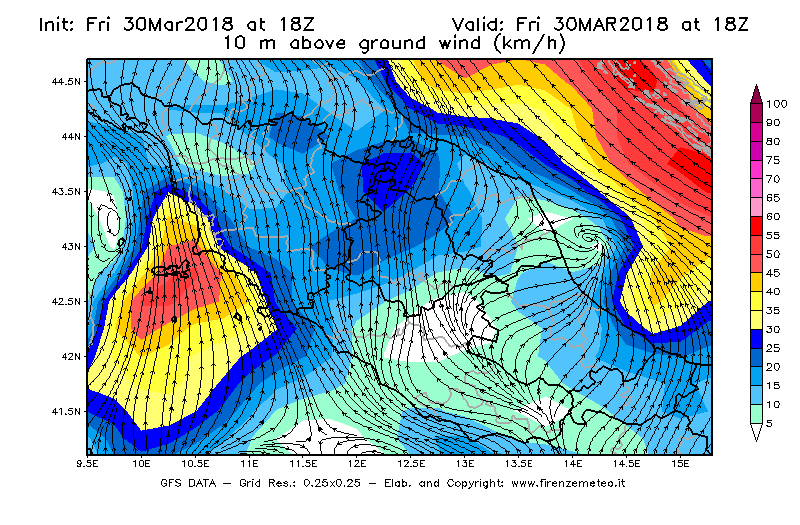 Mappa di analisi GFS - Velocità del vento a 10 metri dal suolo [km/h] in Centro-Italia
									del 30/03/2018 18 <!--googleoff: index-->UTC<!--googleon: index-->