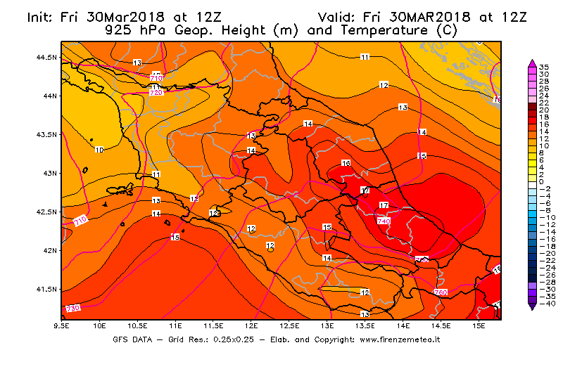 Mappa di analisi GFS - Geopotenziale [m] e Temperatura [°C] a 925 hPa in Centro-Italia
									del 30/03/2018 12 <!--googleoff: index-->UTC<!--googleon: index-->