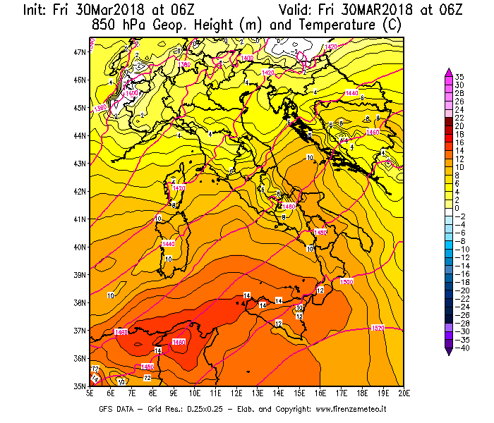 Mappa di analisi GFS - Geopotenziale [m] e Temperatura [°C] a 850 hPa in Italia
									del 30/03/2018 06 <!--googleoff: index-->UTC<!--googleon: index-->