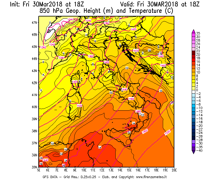 Mappa di analisi GFS - Geopotenziale [m] e Temperatura [°C] a 850 hPa in Italia
									del 30/03/2018 18 <!--googleoff: index-->UTC<!--googleon: index-->