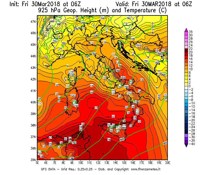 Mappa di analisi GFS - Geopotenziale [m] e Temperatura [°C] a 925 hPa in Italia
									del 30/03/2018 06 <!--googleoff: index-->UTC<!--googleon: index-->