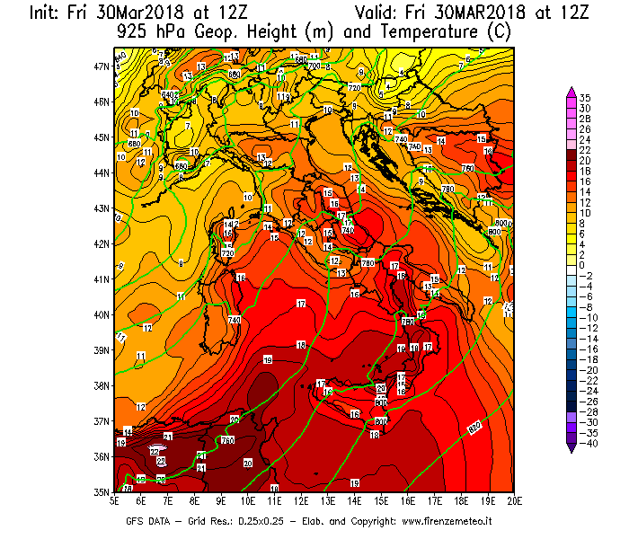Mappa di analisi GFS - Geopotenziale [m] e Temperatura [°C] a 925 hPa in Italia
									del 30/03/2018 12 <!--googleoff: index-->UTC<!--googleon: index-->