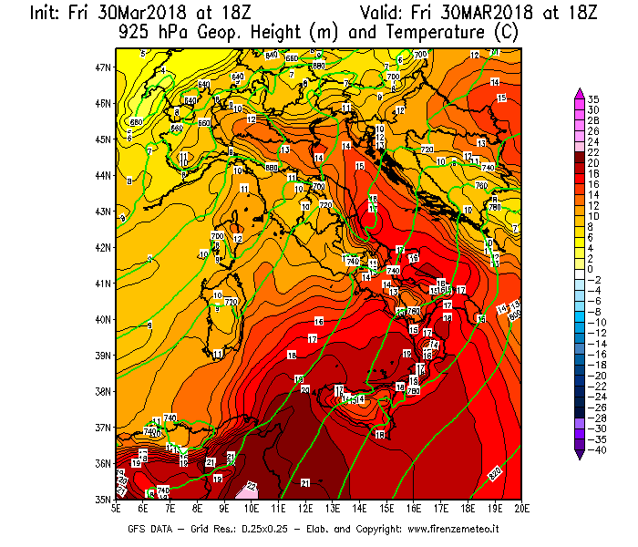 Mappa di analisi GFS - Geopotenziale [m] e Temperatura [°C] a 925 hPa in Italia
									del 30/03/2018 18 <!--googleoff: index-->UTC<!--googleon: index-->