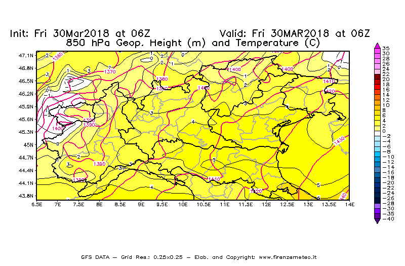 Mappa di analisi GFS - Geopotenziale [m] e Temperatura [°C] a 850 hPa in Nord-Italia
									del 30/03/2018 06 <!--googleoff: index-->UTC<!--googleon: index-->