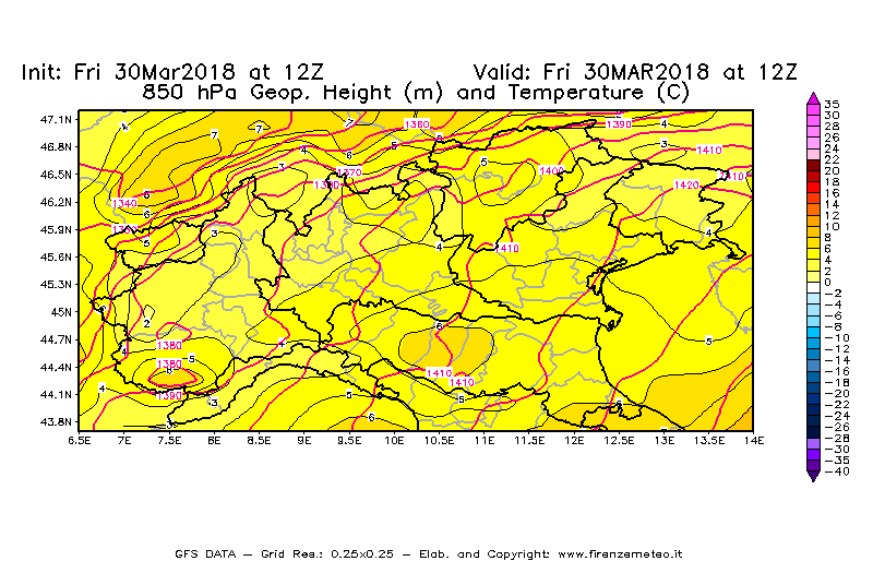 Mappa di analisi GFS - Geopotenziale [m] e Temperatura [°C] a 850 hPa in Nord-Italia
									del 30/03/2018 12 <!--googleoff: index-->UTC<!--googleon: index-->