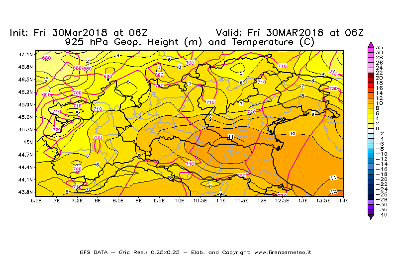 Mappa di analisi GFS - Geopotenziale [m] e Temperatura [°C] a 925 hPa in Nord-Italia
									del 30/03/2018 06 <!--googleoff: index-->UTC<!--googleon: index-->