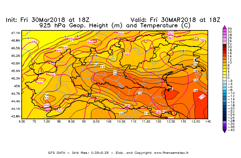 Mappa di analisi GFS - Geopotenziale [m] e Temperatura [°C] a 925 hPa in Nord-Italia
									del 30/03/2018 18 <!--googleoff: index-->UTC<!--googleon: index-->