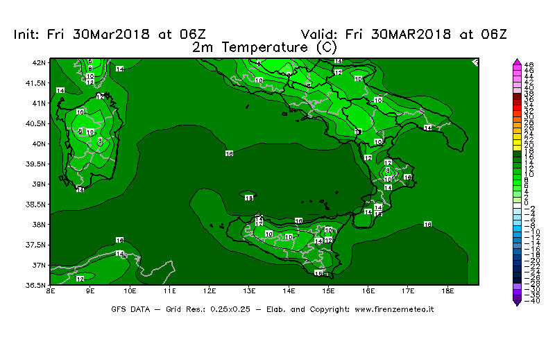 Mappa di analisi GFS - Temperatura a 2 metri dal suolo [°C] in Sud-Italia
									del 30/03/2018 06 <!--googleoff: index-->UTC<!--googleon: index-->