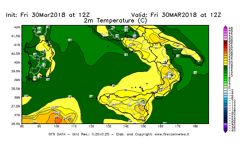 Mappa di analisi GFS - Temperatura a 2 metri dal suolo [°C] in Sud-Italia
									del 30/03/2018 12 <!--googleoff: index-->UTC<!--googleon: index-->