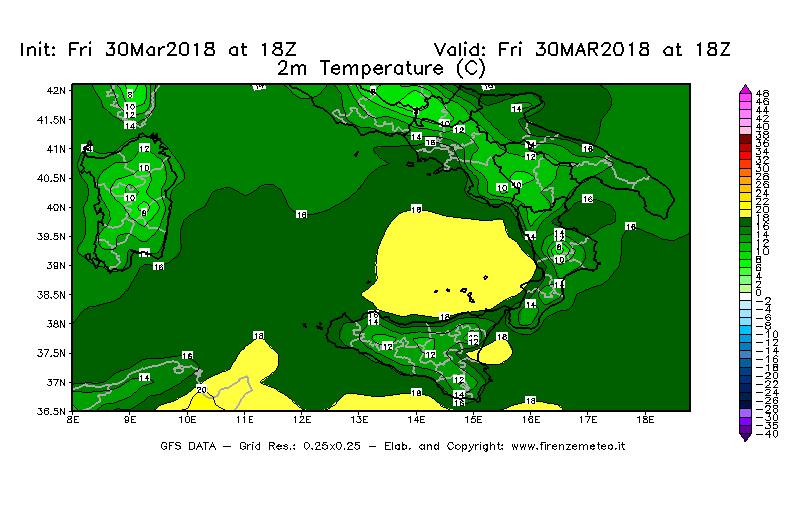 Mappa di analisi GFS - Temperatura a 2 metri dal suolo [°C] in Sud-Italia
									del 30/03/2018 18 <!--googleoff: index-->UTC<!--googleon: index-->