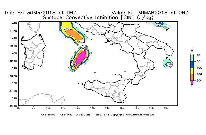 Mappa di analisi GFS - CIN [J/kg] in Sud-Italia
									del 30/03/2018 06 <!--googleoff: index-->UTC<!--googleon: index-->