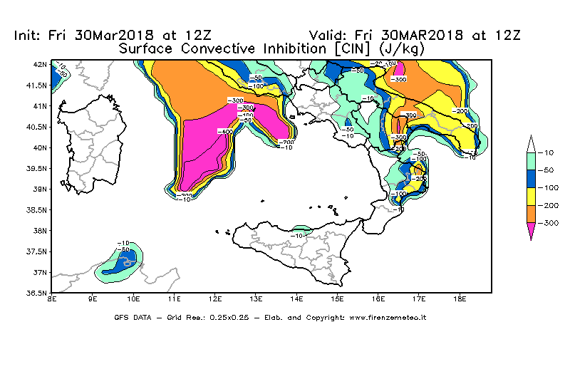 Mappa di analisi GFS - CIN [J/kg] in Sud-Italia
									del 30/03/2018 12 <!--googleoff: index-->UTC<!--googleon: index-->