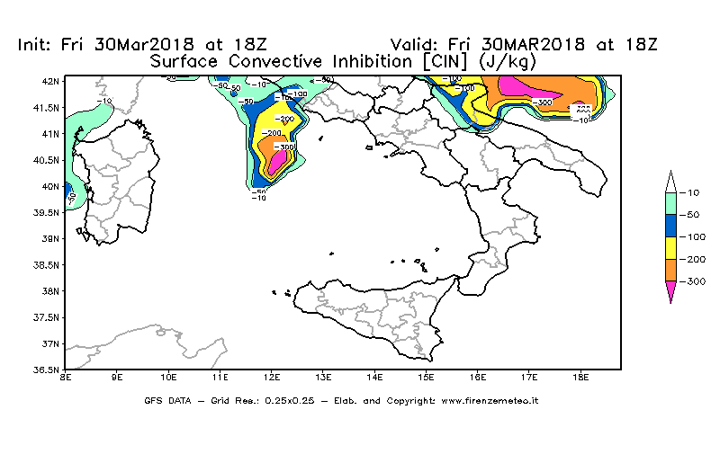Mappa di analisi GFS - CIN [J/kg] in Sud-Italia
									del 30/03/2018 18 <!--googleoff: index-->UTC<!--googleon: index-->