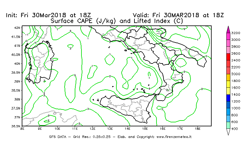 Mappa di analisi GFS - CAPE [J/kg] e Lifted Index [°C] in Sud-Italia
									del 30/03/2018 18 <!--googleoff: index-->UTC<!--googleon: index-->