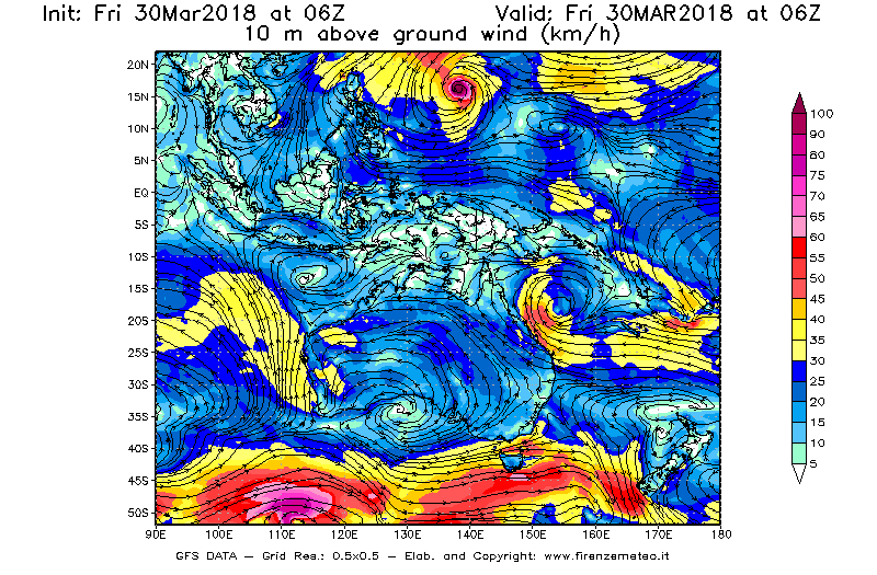 Mappa di analisi GFS - Velocità del vento a 10 metri dal suolo [km/h] in Oceania
									del 30/03/2018 06 <!--googleoff: index-->UTC<!--googleon: index-->
