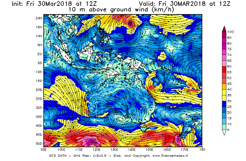 Mappa di analisi GFS - Velocità del vento a 10 metri dal suolo [km/h] in Oceania
									del 30/03/2018 12 <!--googleoff: index-->UTC<!--googleon: index-->