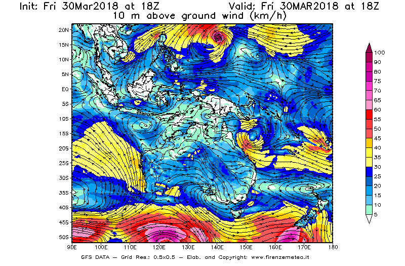 Mappa di analisi GFS - Velocità del vento a 10 metri dal suolo [km/h] in Oceania
									del 30/03/2018 18 <!--googleoff: index-->UTC<!--googleon: index-->