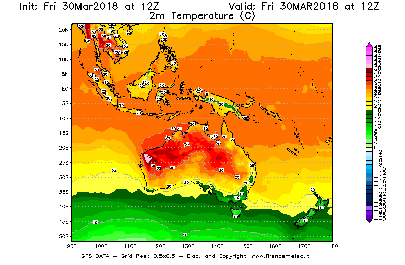 Mappa di analisi GFS - Temperatura a 2 metri dal suolo [°C] in Oceania
									del 30/03/2018 12 <!--googleoff: index-->UTC<!--googleon: index-->