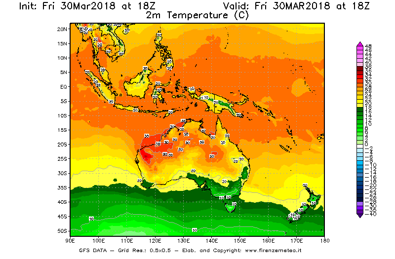 Mappa di analisi GFS - Temperatura a 2 metri dal suolo [°C] in Oceania
									del 30/03/2018 18 <!--googleoff: index-->UTC<!--googleon: index-->