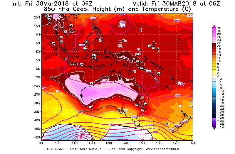 Mappa di analisi GFS - Geopotenziale [m] e Temperatura [°C] a 850 hPa in Oceania
									del 30/03/2018 06 <!--googleoff: index-->UTC<!--googleon: index-->