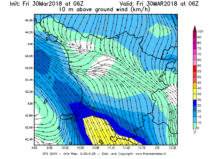 Mappa di analisi GFS - Velocità del vento a 10 metri dal suolo [km/h] in Toscana
									del 30/03/2018 06 <!--googleoff: index-->UTC<!--googleon: index-->