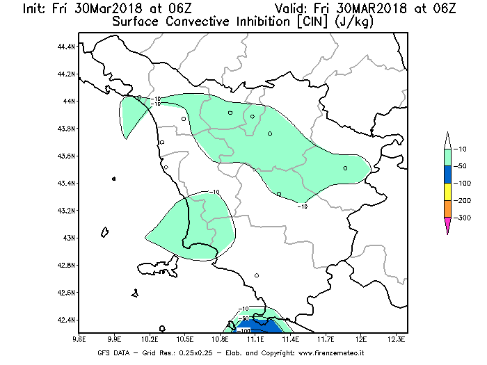 Mappa di analisi GFS - CIN [J/kg] in Toscana
									del 30/03/2018 06 <!--googleoff: index-->UTC<!--googleon: index-->
