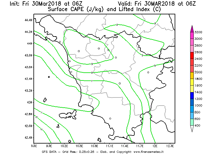 Mappa di analisi GFS - CAPE [J/kg] e Lifted Index [°C] in Toscana
									del 30/03/2018 06 <!--googleoff: index-->UTC<!--googleon: index-->