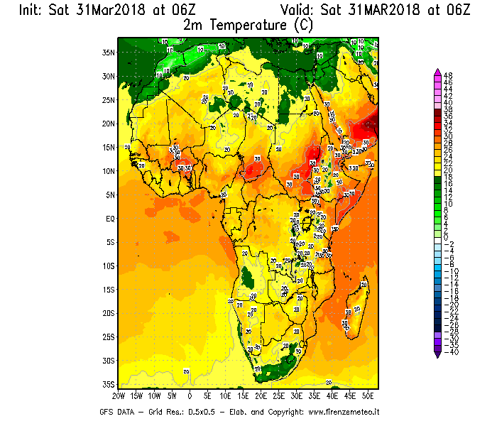 Mappa di analisi GFS - Temperatura a 2 metri dal suolo [°C] in Africa
									del 31/03/2018 06 <!--googleoff: index-->UTC<!--googleon: index-->