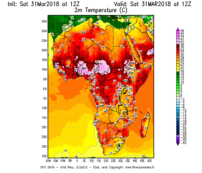 Mappa di analisi GFS - Temperatura a 2 metri dal suolo [°C] in Africa
									del 31/03/2018 12 <!--googleoff: index-->UTC<!--googleon: index-->