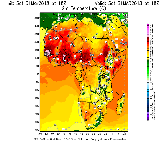 Mappa di analisi GFS - Temperatura a 2 metri dal suolo [°C] in Africa
							del 31/03/2018 18 <!--googleoff: index-->UTC<!--googleon: index-->