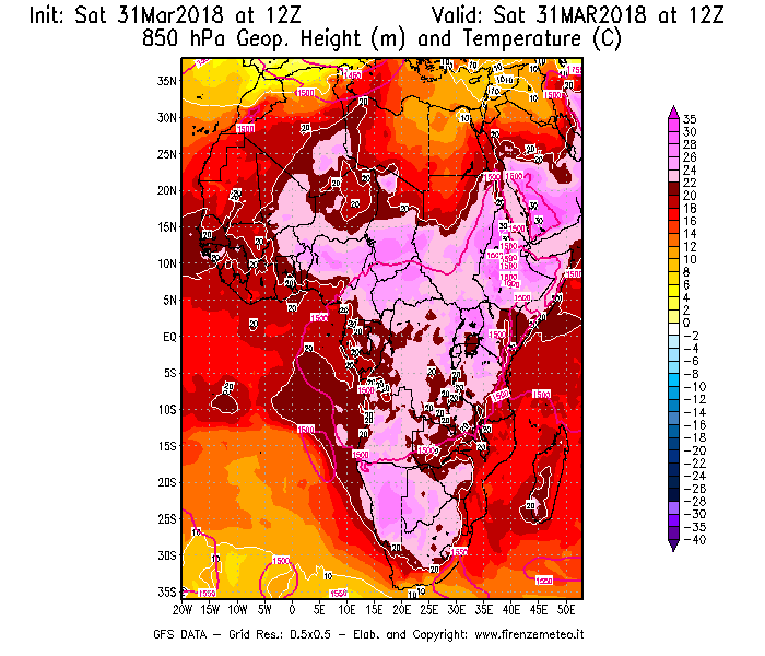 Mappa di analisi GFS - Geopotenziale [m] e Temperatura [°C] a 850 hPa in Africa
									del 31/03/2018 12 <!--googleoff: index-->UTC<!--googleon: index-->
