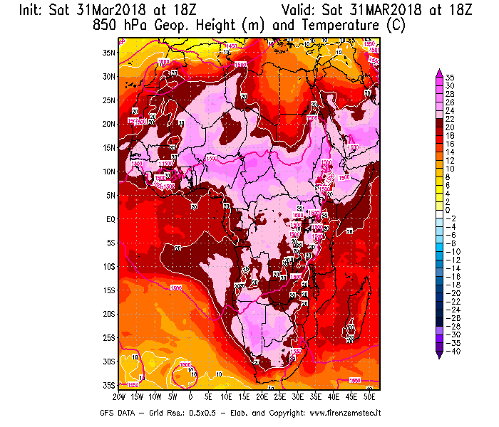 Mappa di analisi GFS - Geopotenziale [m] e Temperatura [°C] a 850 hPa in Africa
									del 31/03/2018 18 <!--googleoff: index-->UTC<!--googleon: index-->