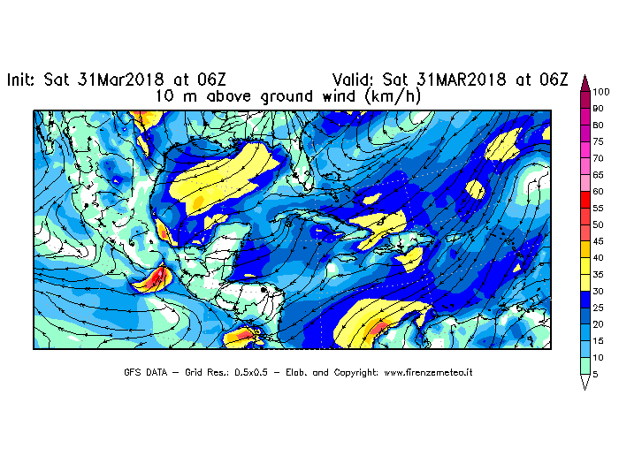 Mappa di analisi GFS - Velocità del vento a 10 metri dal suolo [km/h] in Centro-America
							del 31/03/2018 06 <!--googleoff: index-->UTC<!--googleon: index-->
