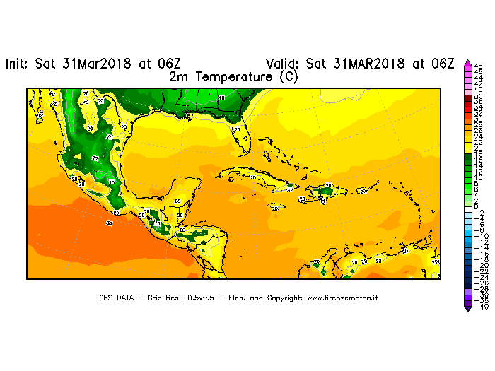 Mappa di analisi GFS - Temperatura a 2 metri dal suolo [°C] in Centro-America
							del 31/03/2018 06 <!--googleoff: index-->UTC<!--googleon: index-->