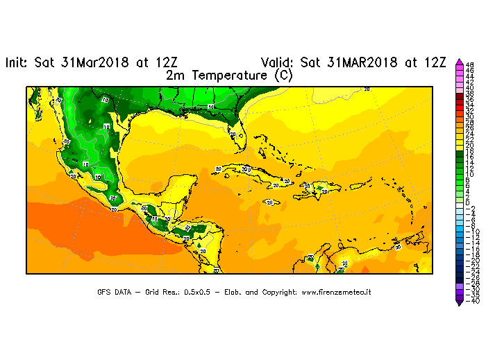 Mappa di analisi GFS - Temperatura a 2 metri dal suolo [°C] in Centro-America
									del 31/03/2018 12 <!--googleoff: index-->UTC<!--googleon: index-->