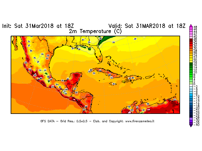 Mappa di analisi GFS - Temperatura a 2 metri dal suolo [°C] in Centro-America
							del 31/03/2018 18 <!--googleoff: index-->UTC<!--googleon: index-->