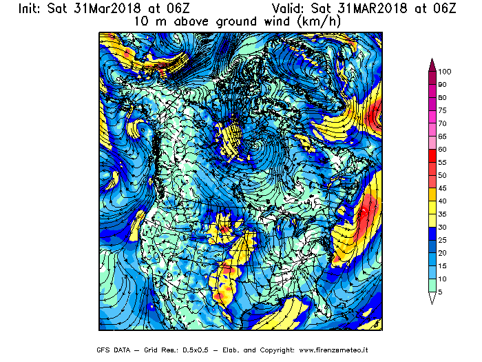 Mappa di analisi GFS - Velocità del vento a 10 metri dal suolo [km/h] in Nord-America
							del 31/03/2018 06 <!--googleoff: index-->UTC<!--googleon: index-->