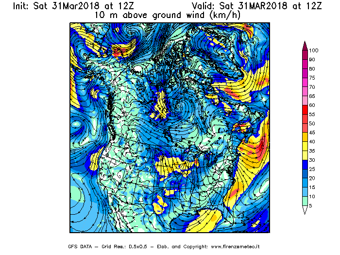 Mappa di analisi GFS - Velocità del vento a 10 metri dal suolo [km/h] in Nord-America
							del 31/03/2018 12 <!--googleoff: index-->UTC<!--googleon: index-->
